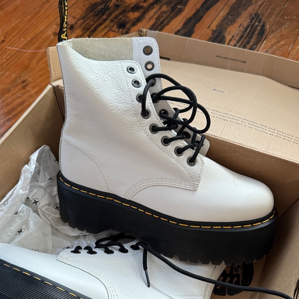 Dr. Martens White Leather Platform Lace-Up Ankle Boots